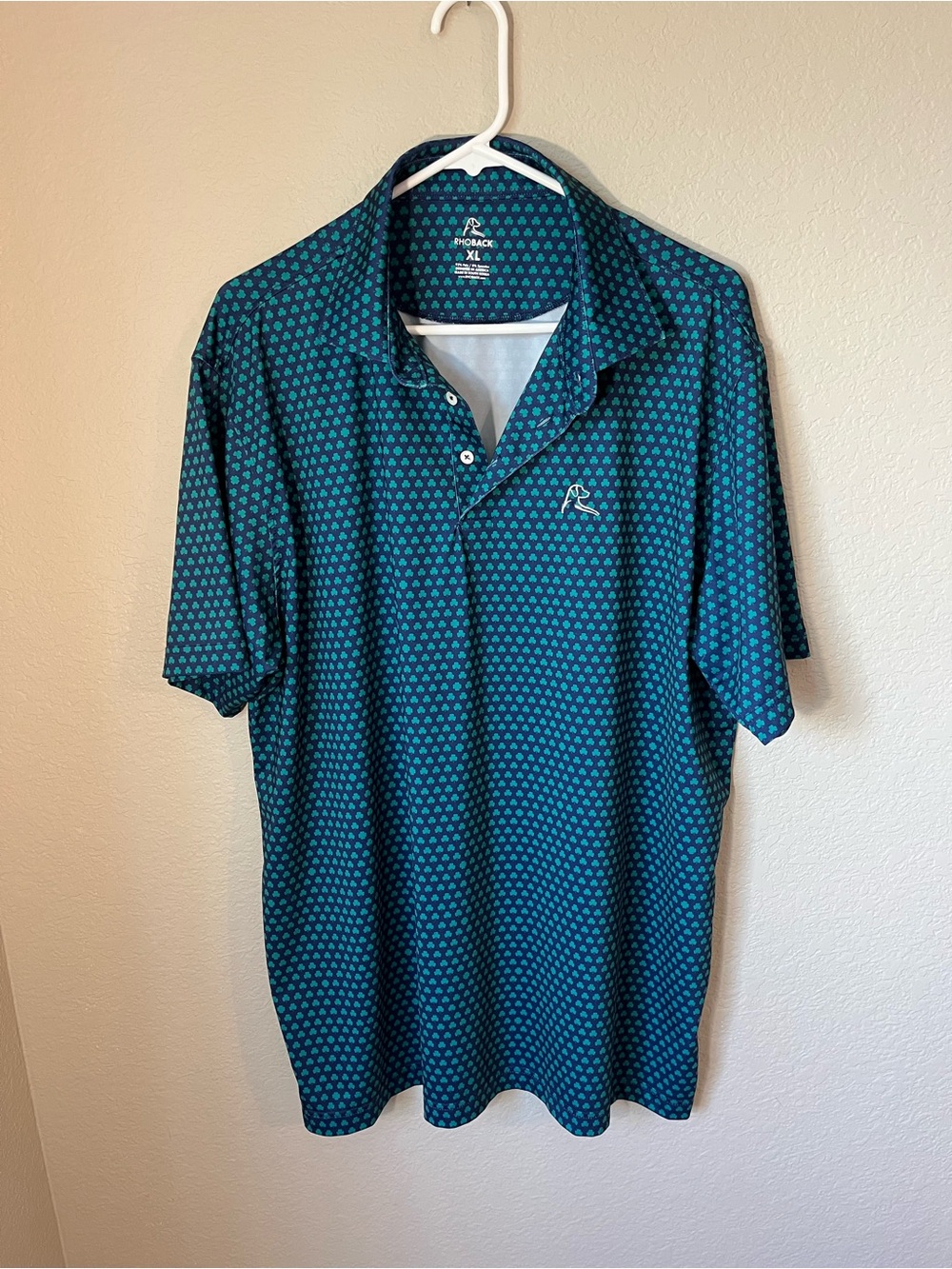 Rhoback The Four Leaf Men’s XL Shamrock Clover Performance Golf Polo Navy Green